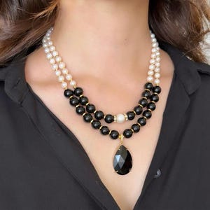 Onyx Pearl Statement Necklace: Gold-Plated Beaded Gemstone Jewelry