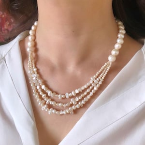 Statement Pearl Necklace for Bride, Real Freshwater Pearl Multistrand Wedding Jewelry, Bridal Necklace, Unique One of a Kind Pearl Necklace
