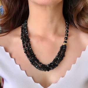 Onyx Black Chunky Necklace, Beaded Multi Layered Necklace, Gemstone Timeless Statement Handmade Jewelry, Black Chic Evening Necklace Gift
