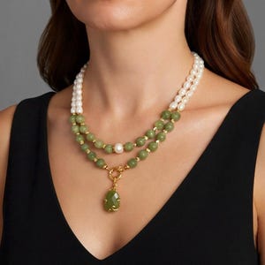 Statement Jade Pearl Layered Necklace, Green Gemstone Handmade Beaded Jewelry, Wife Anniversary Birthday Gift