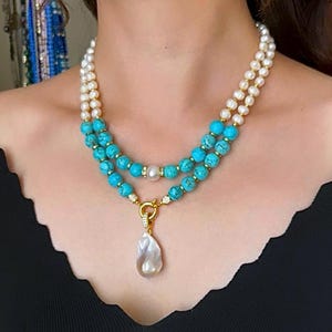 Blue Turquoise Pearl Necklace Set, Baroque Pearl Pendant, Blue Gemstone Beaded Statement Chunky Jewelry, 11th Wedding Wife Anniversary Gift