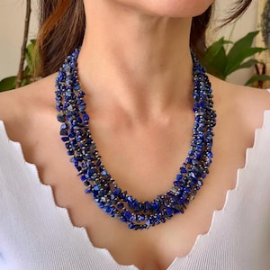 Chunky Lapis Lazuli Chip Necklace: Navy Blue Bold Multi-Layered Statement Handmade Jewelry, Wife Birthday Gift Wife Special Anniversary Gift