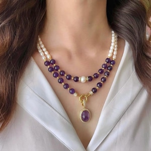 Amethyst Pearl Necklace Set for Women, Amethyst Pendant, Purple Gemstone and  Real Pearl Beaded Jewelry, Multistrand Handmade Necklace Gift