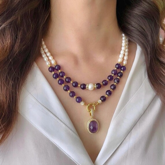 Amethyst Pearl Necklace Set for Women, Amethyst Pendant, Purple