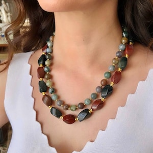 Mixcolor Agate Necklace Set for Women, Brown Green Gemstone Beaded Unique Design Jewelry, Modern Statement Elegance Bold Necklace for Her