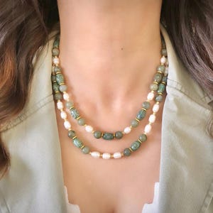 Pearl Labradorite Necklace: Tibetan Agate Beaded Jewelry, Multi Layered Handmade Green Gemstone Necklace