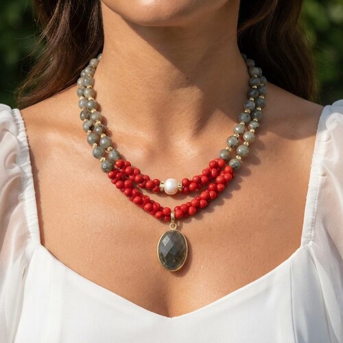 Labradorite Coral Beaded Christmas Necklace, Red Stone Green Gemstone Statement Jewelry, New Years Gift