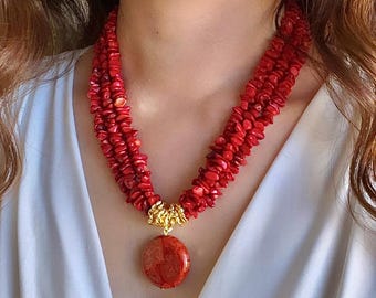 Red Coral Beaded Necklace, Chunky Statement Wife Birthday Present Jewelry, Women Anniversary Gemstone Gift
