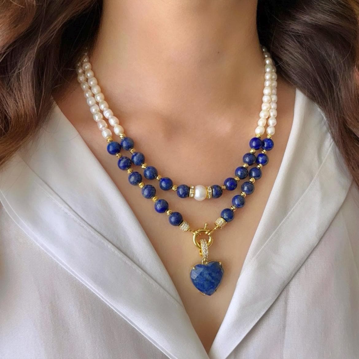 Lapis Lazuli Pearl Beaded Necklace Set, Navy Blue Heart Pendant, Deep Blue Wedding Necklace, Unique Romantic Wife Anniversary Birthday Gift