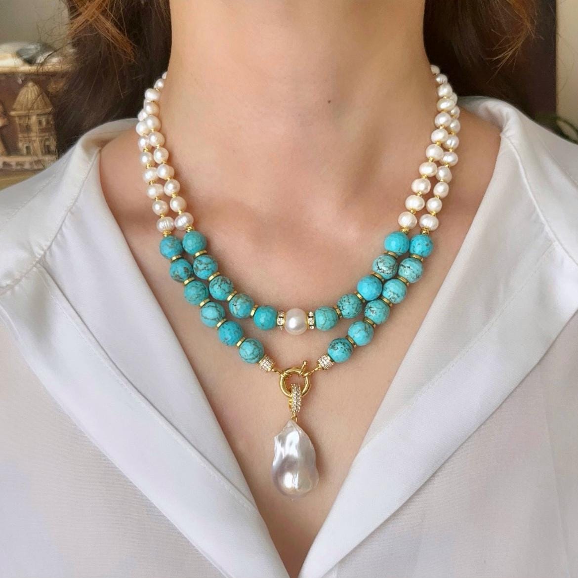 Turquoise and Baroque Pearl Necklace - Etsy