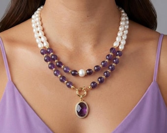 Amethyst Pearl Layered Necklace, Purple Natural Stone Pendant, Handmade Statement Jewelry, Woman Birthday Gift