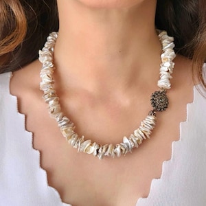 Keshi Pearl Necklace with Antique Style Brooch, Natural Freshwater Keshi Pearl Wedding Choker, Unique Bridal Pearl Wedding Jewelry Gift Her