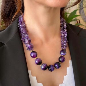 Amethyst Agate Purple Bold Statement Necklace: Chunky Beaded Large Gemstone Jewelry, Special Occasion
