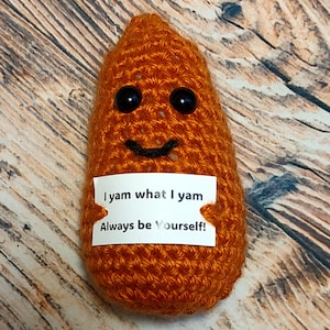 May include: A crocheted orange yam with a smiling face and black eyes. The yam is holding a white sign that says "I yam what I yam. Always be yourself!"