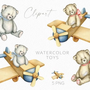 Teddy Bär Clipart Aquarell Spielzeug Clipart Weihnachten Urlaub Clipart Altes Spielzeug Teddy Bär Flugzeug Clipart Geburtstagskarte Digital PNG