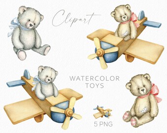 Nallebjörn Clipart Akvarell Leksaker Clipart Jul Semester Clipart Gammal Leksak Vintage Nallebjörn Flygplan Clipart Födelsedagskort Digital PNG