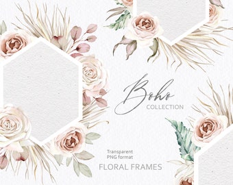 Op de afbeelding: Waterverf bloemenkaders met een boho-thema. De frames zijn zeshoekig en bevatten delicate witte en roze rozen, gedroogde palmbladeren en eucalyptus takken. De tekst "Boho Collection" is geschreven in cursief schrift.