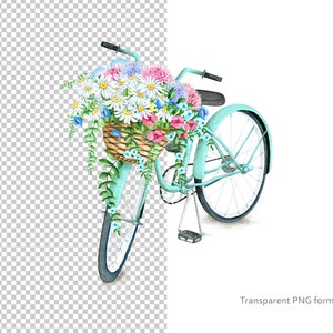Puede incluir: Una bicicleta azul claro con una cesta de mimbre llena de una variedad de flores, incluyendo margaritas, flores rosas y azules. La bicicleta tiene un asiento blanco y un manillar blanco.