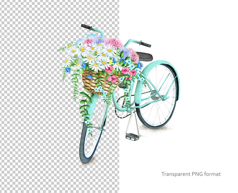 Puede incluir: Una bicicleta azul claro con una cesta de mimbre llena de una variedad de flores, incluyendo margaritas, flores rosas y azules. La bicicleta tiene un asiento blanco y un manillar blanco.
