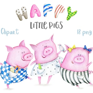 Kleine Varkens Clipart. Aquarel Biggen Clipart. Verjaardagsfeestje clipart. Gelukkige verjaardag belettering. Drie Biggetjes. Grappig varken. Digitale PNG