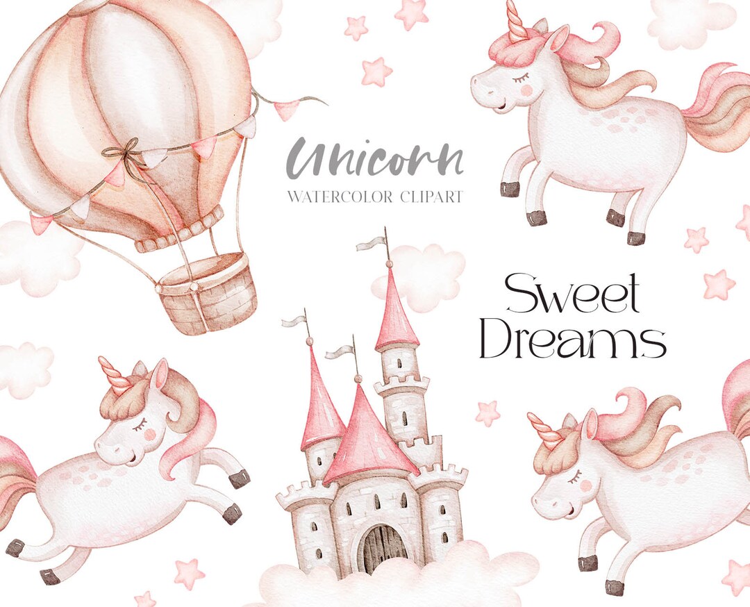 Cute Unicorn Watercolor Clipart. Magic Unicorn Graphics. Castle, Hot