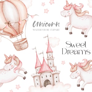 Carino unicorno acquerello clipart. Grafica magica dell'unicorno. Castello, mongolfiera, clipart arcobaleno, forniture per feste. Download istantaneo PNG