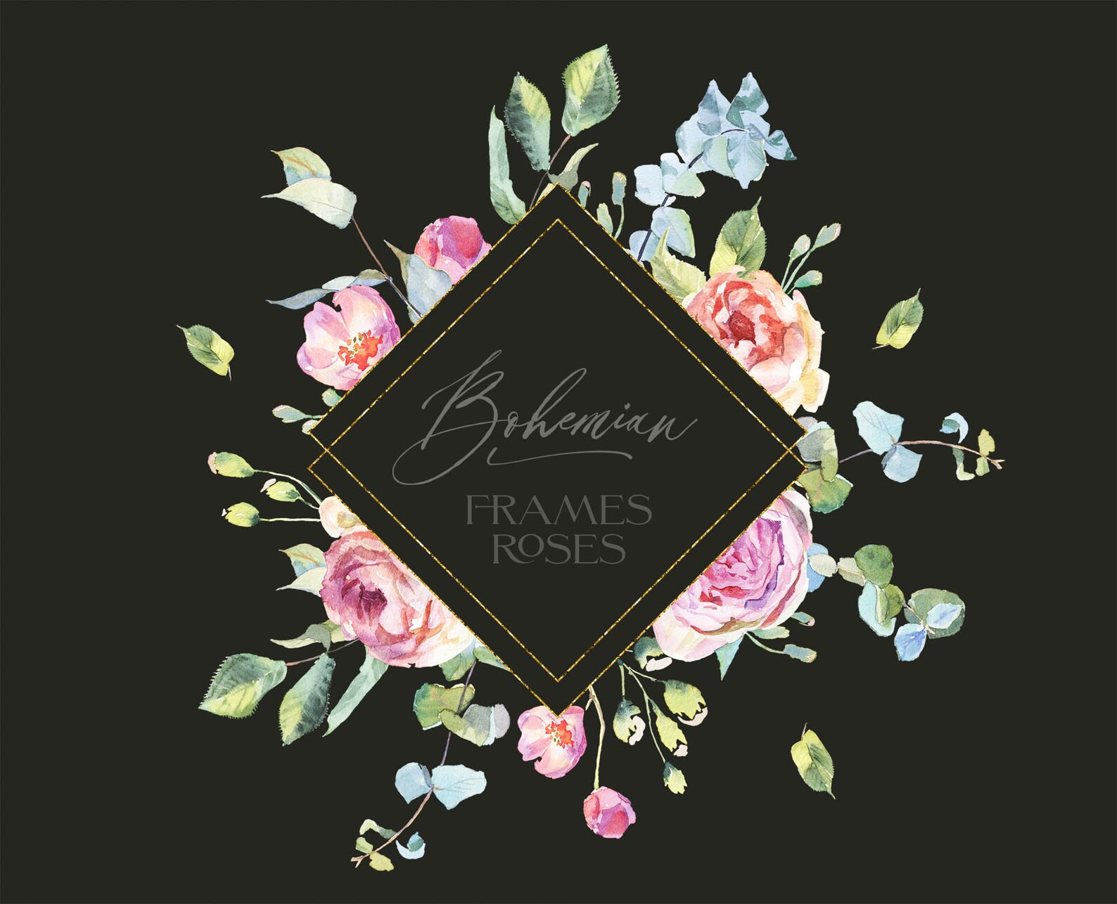 Boho Roses Frame Clipart. Floral Frame. Watercolor Floral Borders ...