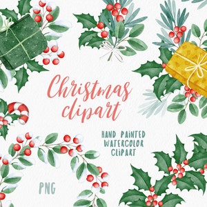 Clipart de guirlanda de Natal. Buquês de Natal em aquarela. Vegetação de inverno. Bagas de azevinho. Clipart de férias. Aquarela inverno clipart PNG