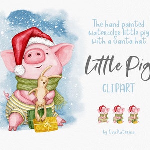 Aquarell Schwein Clipart: in Weihnachtsmütze mit Weihnachtsgeschenken. Weihnachtliche Clipart. Baby Ferkel. Süßes Schweinchen Clipart. Aquarell Tier. Png