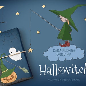Halloween Clipart Set. Leuke heks clipart, pompoen clipart. Leuke Halloween illistrations. Raster- en vectorindeling. Digitale illustraties
