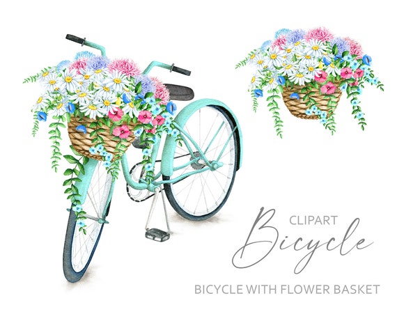 Watercolor Bicycle Clipart Flower Basket Rose Floral Bouquet Pink Roses Bike Wedding Clip Art White Roses Digital PNG Commercial Use