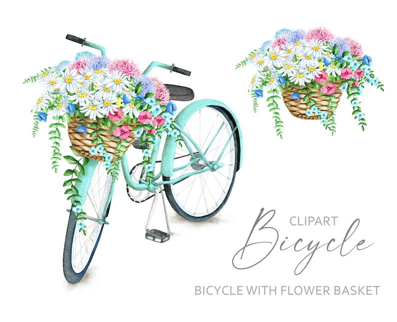 Puede incluir: Una bicicleta azul claro con una cesta de mimbre llena de flores rosas, blancas y azules. La bicicleta tiene un manillar blanco y neum&aacute;ticos blancos. El texto "CLIPART Bicycle" est&aacute; escrito en cursiva debajo de la bicicleta. El texto "BICYCLE WITH FLOWER BASKET" est&aacute; escrito en may&uacute;sculas debajo del texto en cursiva.