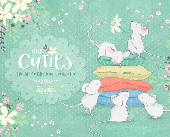 Cute Mouse Clipart Little Mouse Animals Clipart Funny Mice Characters Digital Seamless Pattern Floral Arrangement Wreaths Bouquets PNG