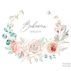 Roses Clipart Watercolor Bohemian Flowers Wreath Floral Frame Pale Pink Boho Rose Flower Wedding Arrangement Invitation Digital Clip art PNG