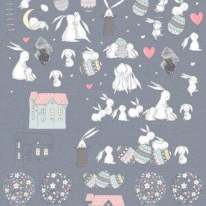 K&ouml;nnte beinhalten: Ein Set mit Illustrationen zum Thema Ostern mit Hasen, Eiern, H&auml;usern, Hei&szlig;luftballons und anderen Elementen. Die Illustrationen sind in Pastellfarben gehalten und haben einen verspielten, handgezeichneten Stil.