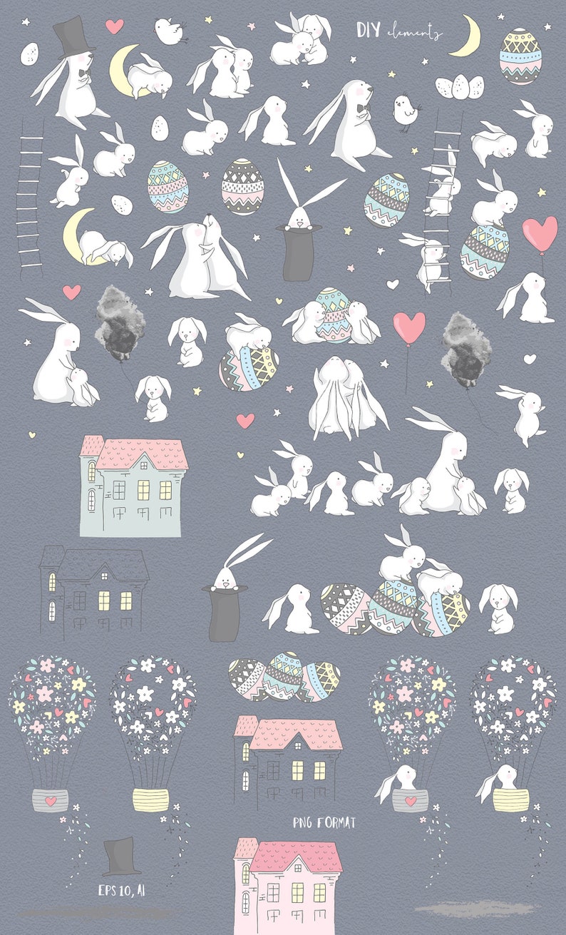K&ouml;nnte beinhalten: Ein Set mit Illustrationen zum Thema Ostern mit Hasen, Eiern, H&auml;usern, Hei&szlig;luftballons und anderen Elementen. Die Illustrationen sind in Pastellfarben gehalten und haben einen verspielten, handgezeichneten Stil.