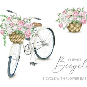 Clipart per biciclette ad acquerello. Cesto di fiori con rose rosa. Bouquet floreale. Wedding Clipart Rose Bianche PNG digitale uso commerciale
