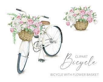 Acuarela Bicicleta Clipart. Cesta de flores con rosas rosas. Ramo floral. Imagen prediseñada de boda rosas blancas PNG digital uso comercial