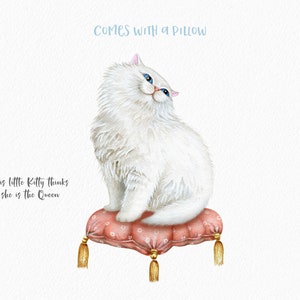 May include: Watercolor illustration of a fluffy white cat with blue eyes, perched on a pink pillow with gold tassels. The text "COMES WITH A PILLOW" and "This little Kitty thinks she is the Queen" are also present.