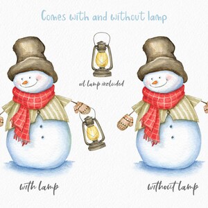 May include: A watercolor illustration of a snowman wearing a brown top hat, a red and white plaid scarf, and brown mittens. The snowman is holding a lantern in one hand. The text "Comes with and without lamp" is written above the snowman. The text "oil lamp included" is written below the lantern. The text "with lamp" is written below the snowman holding the lantern. The text "without lamp" is written below the snowman without the lantern.