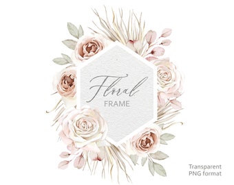 Op de afbeelding: Een zeshoekig frame met een aquarel bloemenontwerp. Het frame is omringd door witte en roze rozen, gedroogde palmbladeren en groen. De tekst "Floral Frame" is in cursief geschreven in het frame.