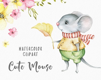 Leuke Dierlijke Clipart Kleine Muis Clipart Muizen Clipart Baby Muis Illustratie Aquarel Bloem Muizen ClipArt Baby Boy Nursery PNG Commercial