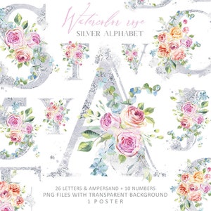 Clipart de alfabeto floral con rosas de acuarela. 26 letras plateadas, signo comercial, 10 números, 1 póster. Imágenes prediseñadas de boda, monograma. Digital. PNG