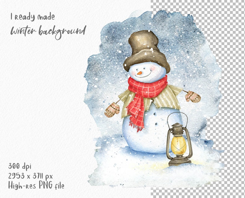 May include: A watercolor illustration of a snowman wearing a brown hat, red and white scarf, and brown mittens. The snowman is standing in the snow with a lit lantern beside him.