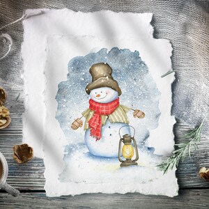May include: A watercolor painting of a snowman wearing a brown hat, red and white scarf, and gloves. The snowman is holding a lantern and standing in a snowy landscape.