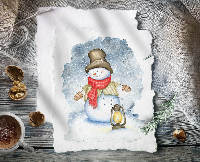 May include: A watercolor painting of a snowman wearing a brown hat, red and white scarf, and gloves. The snowman is holding a lantern and standing in a snowy landscape.