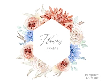 May include: A hexagonal frame with the text "Flowers Frame" surrounded by a wreath of watercolor flowers in shades of pink, white, blue, and orange. The flowers include roses, hydrangeas, and other blooms.