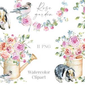 Clipart lapin, oiseau et roses. Clipart aquarelle, roses dans un arrosoir, animal, couronne, clipart de bouquet. Aquarelles numériques. Papouasie-Nouvelle-Guinée