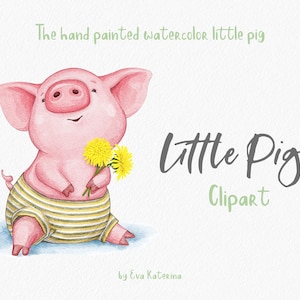 Lechón Clipart Acuarela Cerdo Clipart Little Pig ilustración Piggy Clipart Baby Animal Clip art Pet Portrait Digital PNG Uso comercial