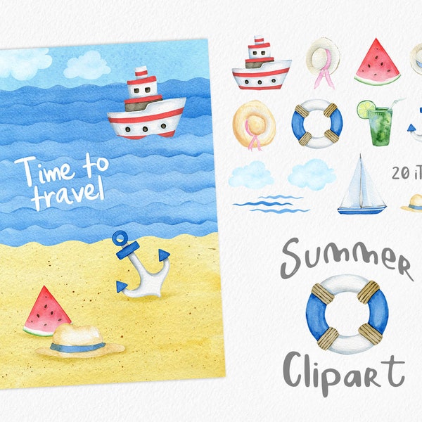 Nautical Clipart. Summer Watercolor Beach Clipart. Seascape. Sail boat, life ring, vacation, holiday, cocktail, watermelon, sun hat. PNG